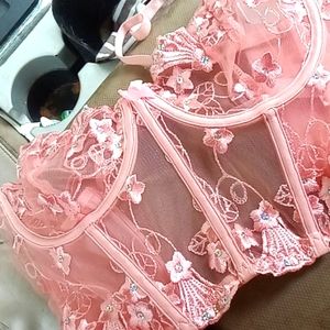 Pink lace embroidered lingerie set